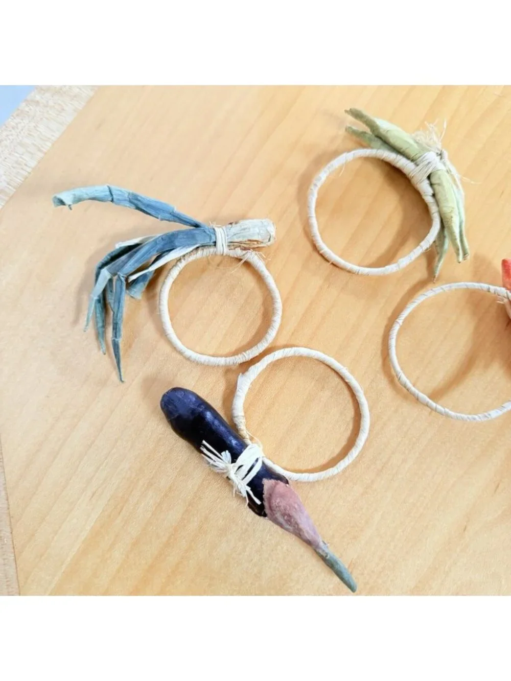 Set Four Napkin Rings Carrots Vegetables Onions Eggplant Pepper Farmhouse Picnic